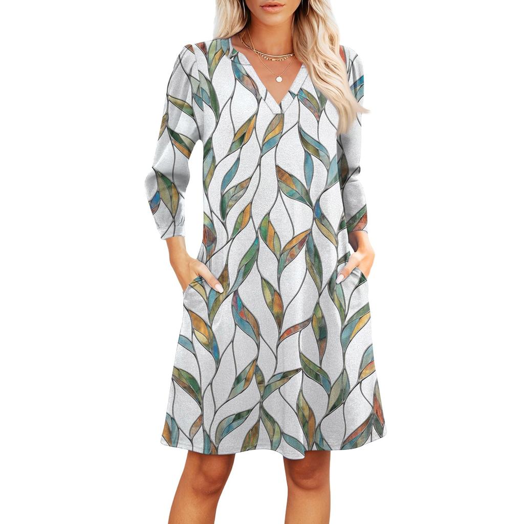 Women's Fashion V-neck Casual Beach Dress Three-quarter Sleeves Floral Print Dress