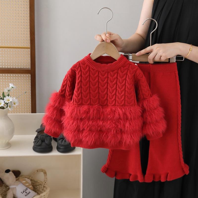 

Свитер для девочек, длинный, из искусственной норки, комплект из двух предметов, осень-зима, новый стиль, свитер с круглым вырезом и брюки для девочки 130cm красный