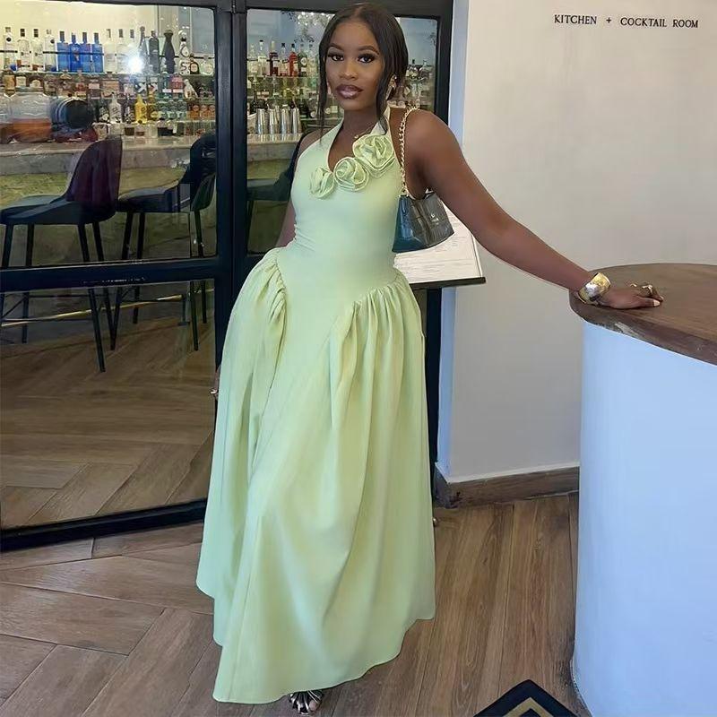 

Fashion Wind New Arrival Elegant V-neck Halter Three-Dimensional Flower Backless Dress Backless Sexy Dress Turquoise S