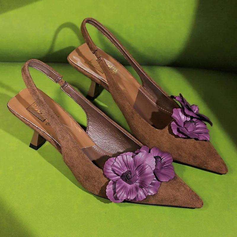 Fashion Flower Suede Pointed Toe Pumps Sandals for Women Retro Elegant High Heels Woman Fashion Designer Slingback Dress Shoes Ladies