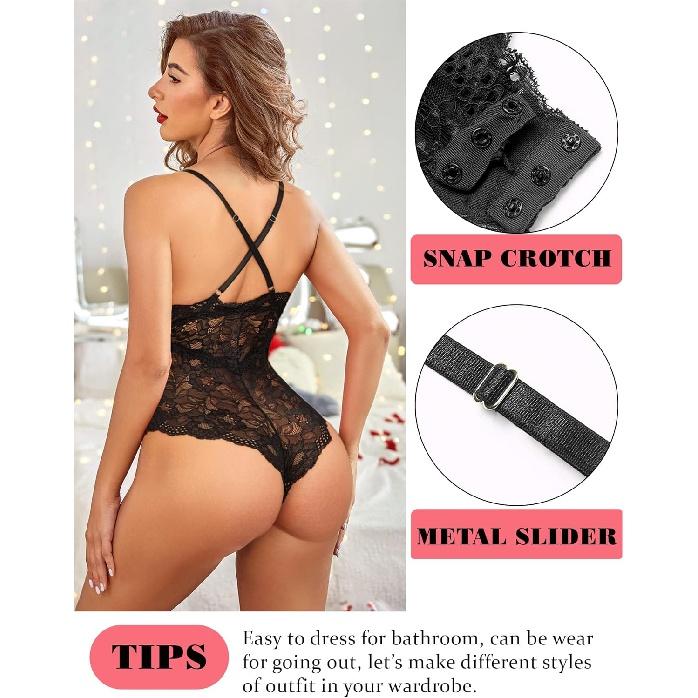 Avidlove Women Snap Crotch Lingerie Sexy Lace Bodysuit Deep V Teddy One Piece Lace Babydoll