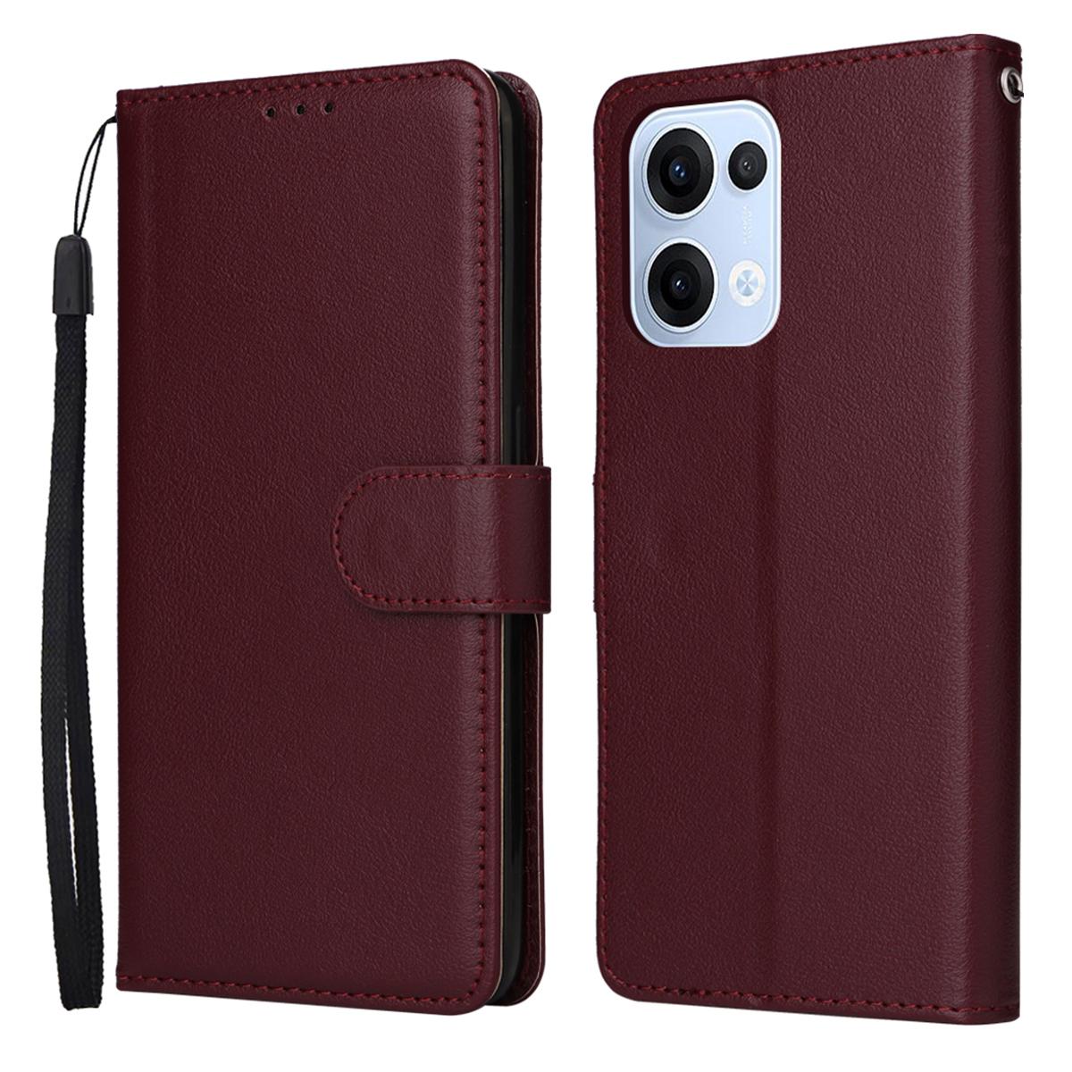 

For Oppo Reno13 5G (Global) Case Wallet Stand View PU Leather Phone Cover with Wrist Strap Wine Red