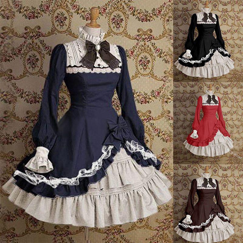 Fashion Turtleneck Flare Sleeve Color-Blocking Bow Lolita Dresses Women's Lolita Dress Women.