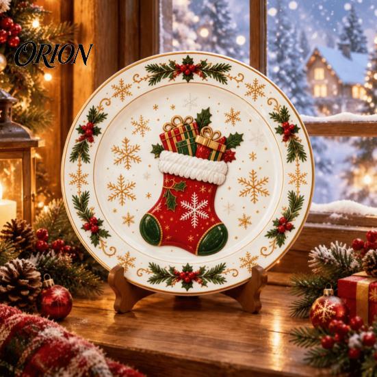 Round Plate Decor Wooden Christmas Plate, Santa Snowman Stocking Tree Bell Sleigh Dish Xmas Party Supplies Decor, Tabletop Ornament for Home