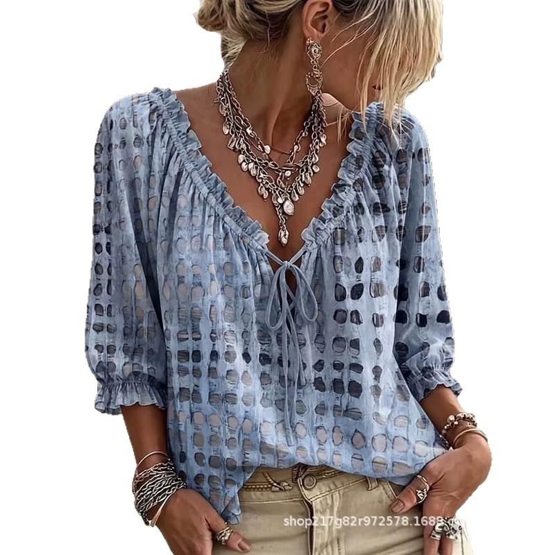 Summer V-neck T-shirt printed streamer loose casual fashion top seven-quarter sleeve summer short sleeve top