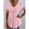 Summer New Women's V-Neck Jacquard Hollow Out Lace Waist-Cinched Fashion Short Sleeve Top T-Shirt for Women