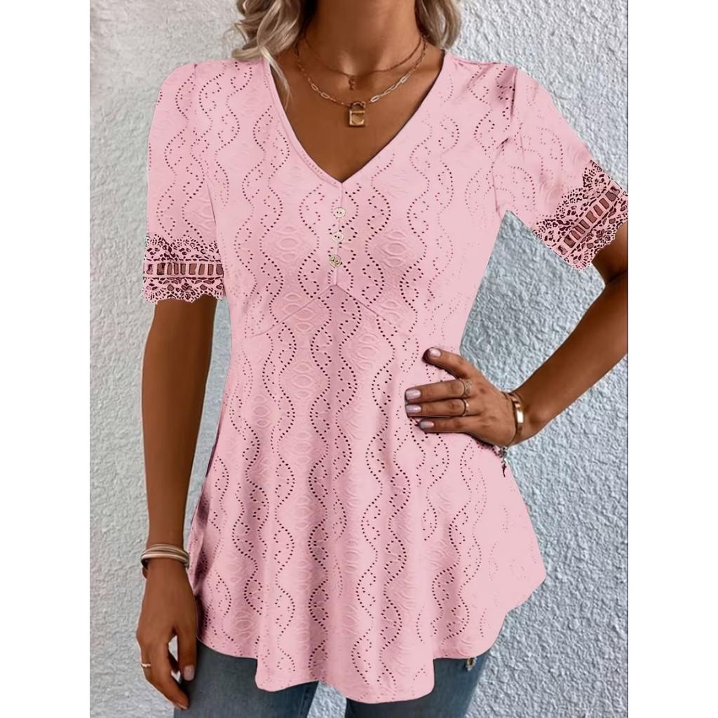 Summer New Women's V-Neck Jacquard Hollow Out Lace Waist-Cinched Fashion Short Sleeve Top T-Shirt for Women