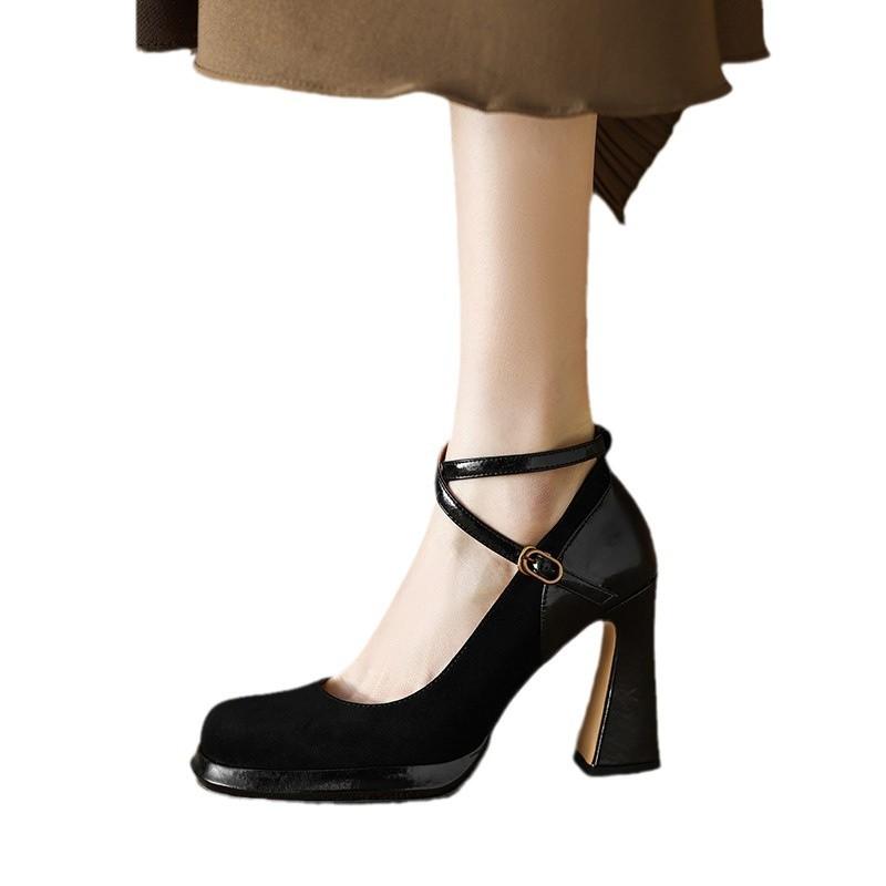 Coarse Heel Cross Strap Single Shoes Women's Spring and Autumn 2025 New Soft Leather Square Head Mary Jane Shallow Mouth High Heels