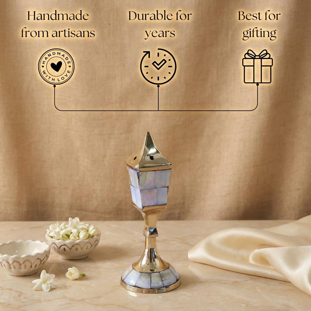 Lamp Post Design Brass & Mother of Pearl Incense Stick Holder for Home Decor