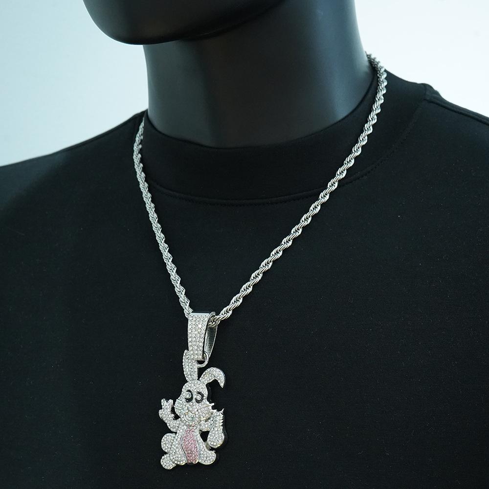 Hip-hop style personality diamond-encrusted dripping oil cartoon rabbit pendant Cuban chain necklace hipster wear fashion necklace accessories