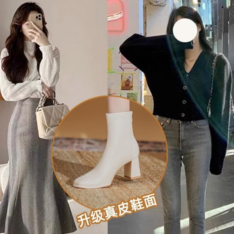Leather thick heel high heel boots women's autumn and winter velvet new thin boots with skirt white short boots