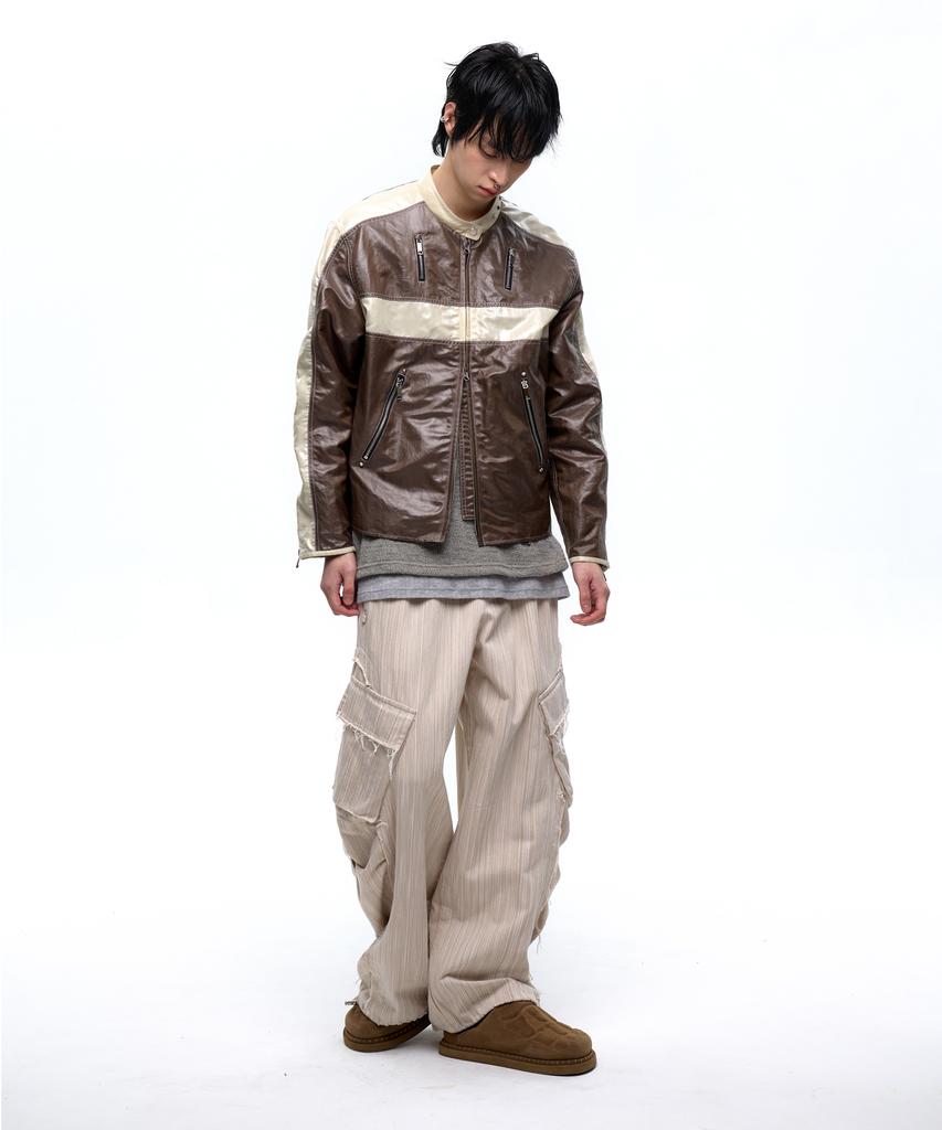 Aleseuseussi Wrinkle Mixed Stripe Cargo Pants - Beige