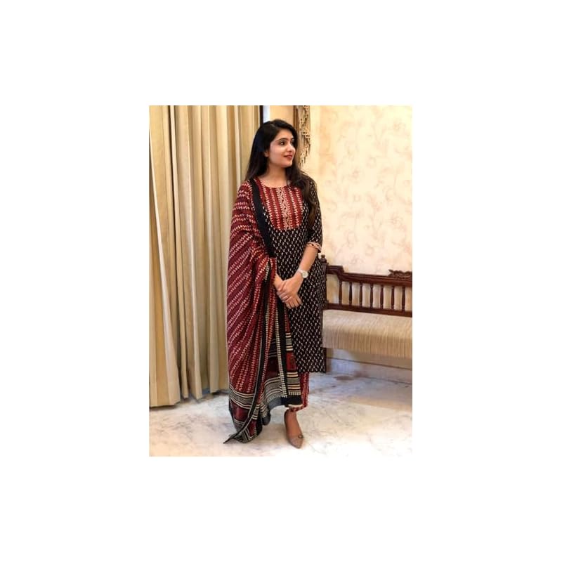Pinkmint Printed Round Neck Kurta & Pant with Dupatta Set ll Traditional Kurta Set XL