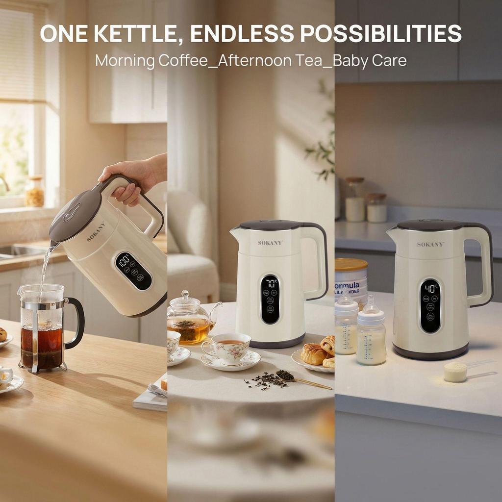 Bollitore Elettrico 1500W, 1.7L, 5 Impostazioni di Temperatura con Funzione Mantenimento in Caldo