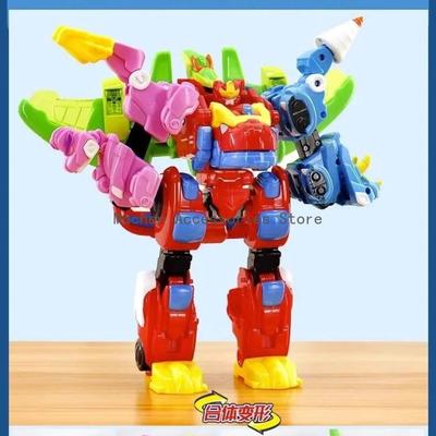 4 em 1 Gogo Dino Mecha Gogoking Robô Ornamentos Dinossauro Combinado Base Carro Quente Deformação Rex/ Ping Figura de Ação Brinquedos Presentes