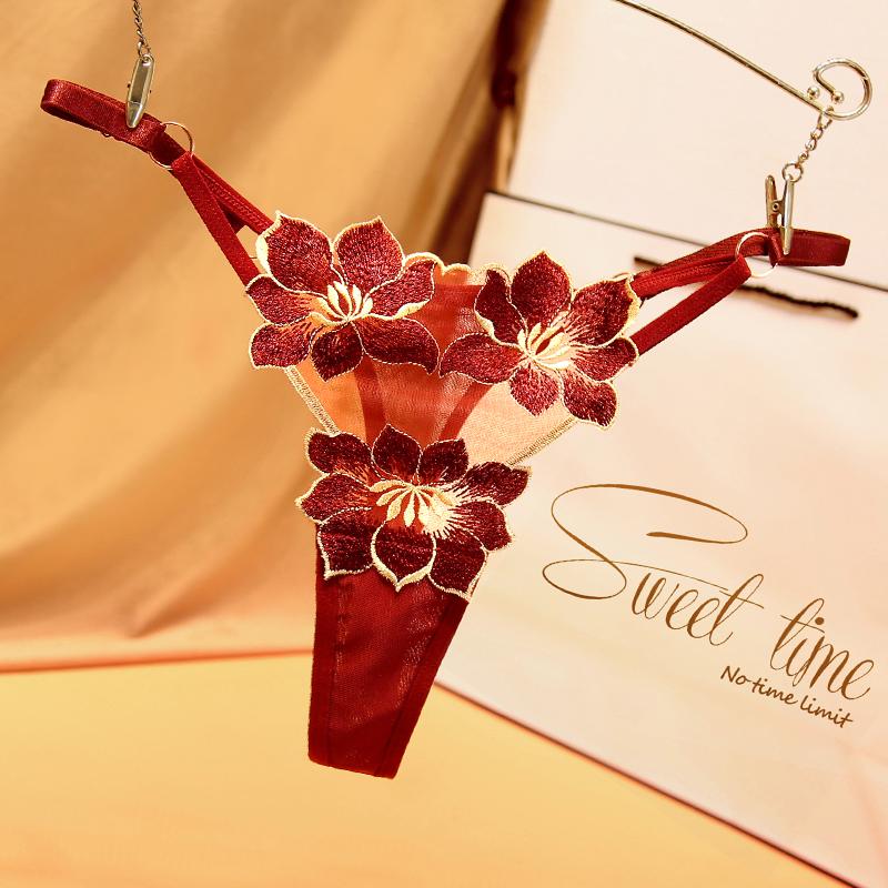 Breathable Underpants Flower Thin Belt Embroidery Transparent Women Panties Korean Underwear T Back Thongs String Briefs