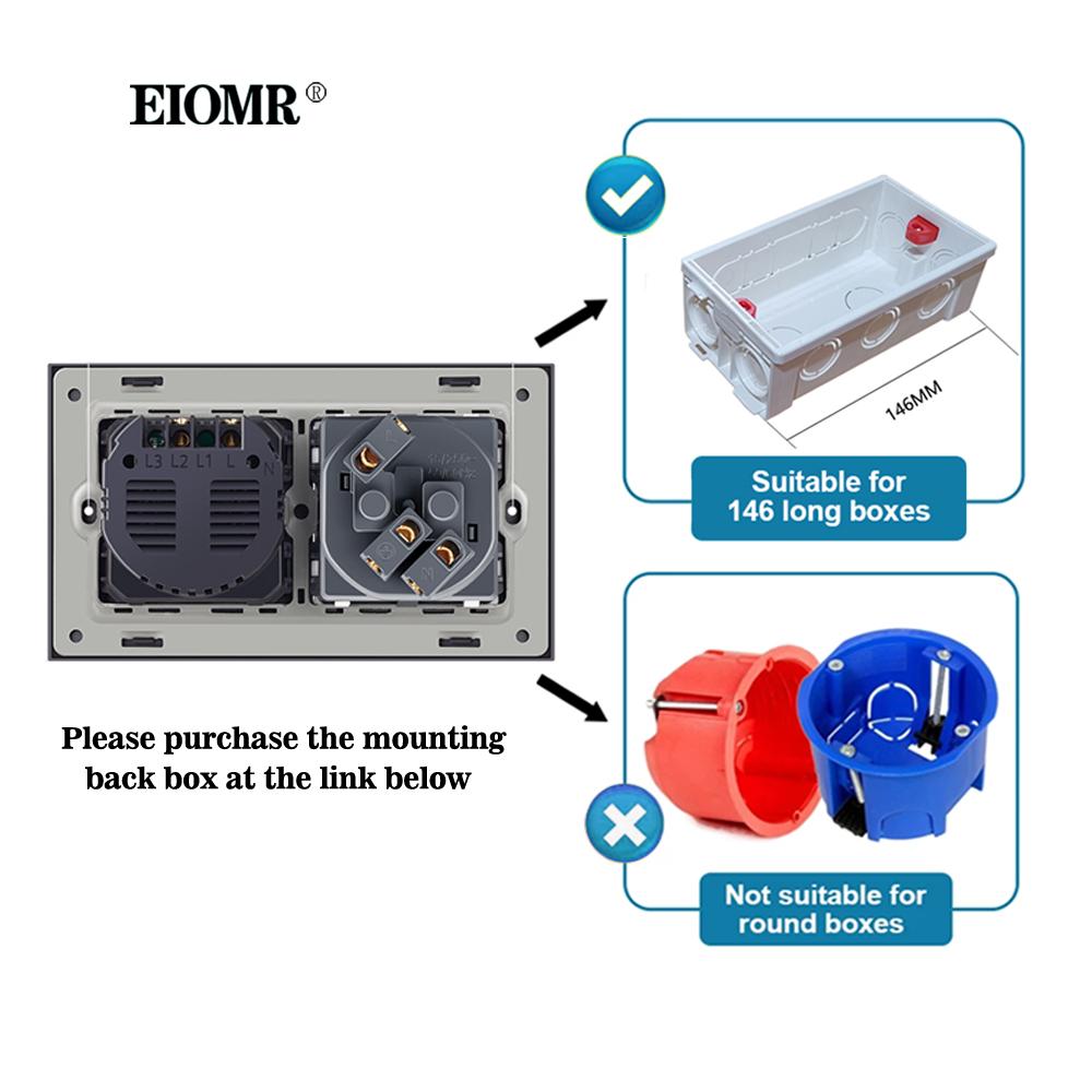 EIOMR France Touch Sensor Switch with Socket Crystal Glass Panel 110~250V 16A Wall Socket with Light Switch Home Improvement