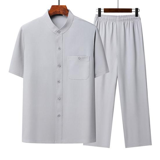 2Pcs/Set Men Suit Stand Collar Short Sleeve Single Breasted Shirt Elastic Waist Long Pants Set Solid Color Loose Fit Leisure Outfit
