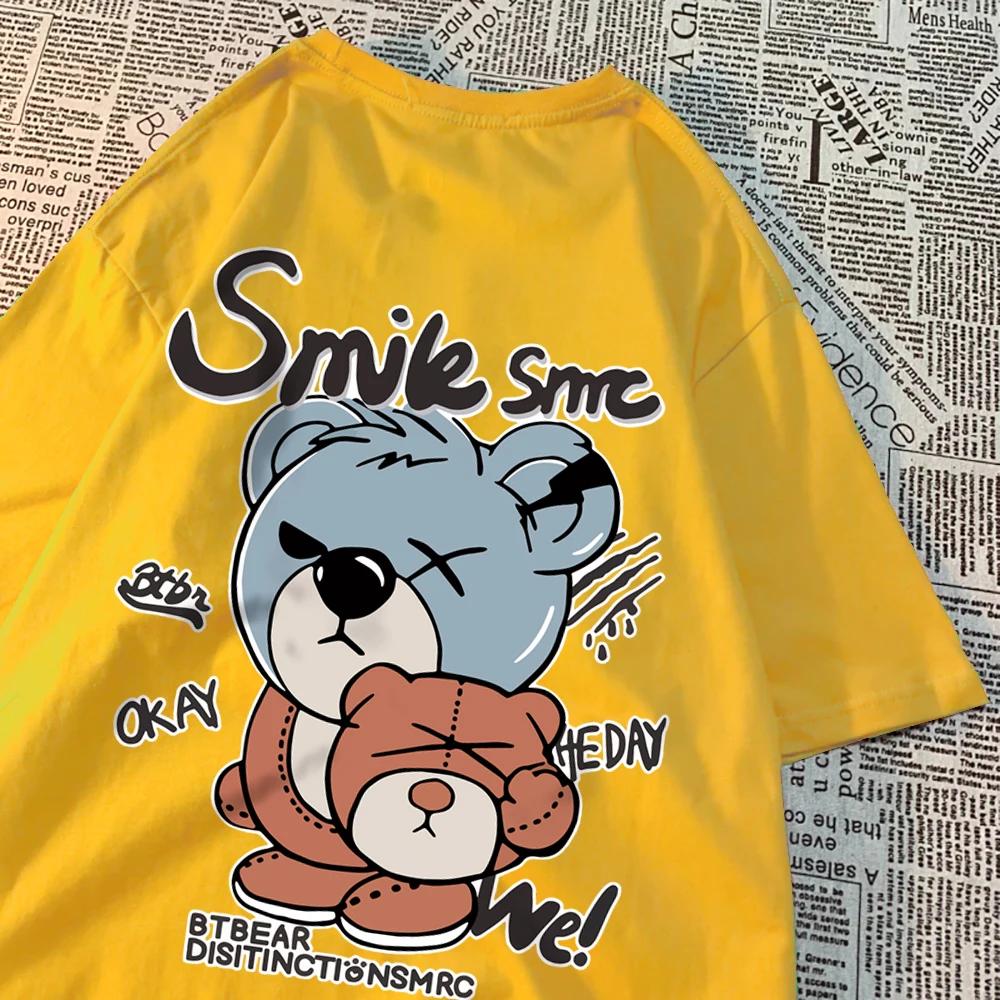 Teddy Bear With Hood Off T Shirt Men Women Hip Hop Streetwear Couple Printing Tops O-Neck Tee Clothes Cotton Oversized Tee