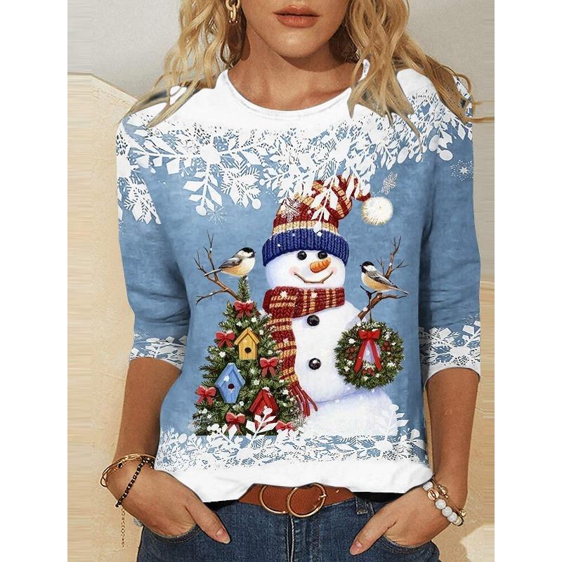 2023 Fashion Women's Pullover Christmas Blue Star Graphic Casual Sports O-Neck Long Sleeve Tops Micro-Elastic Fall & Winter