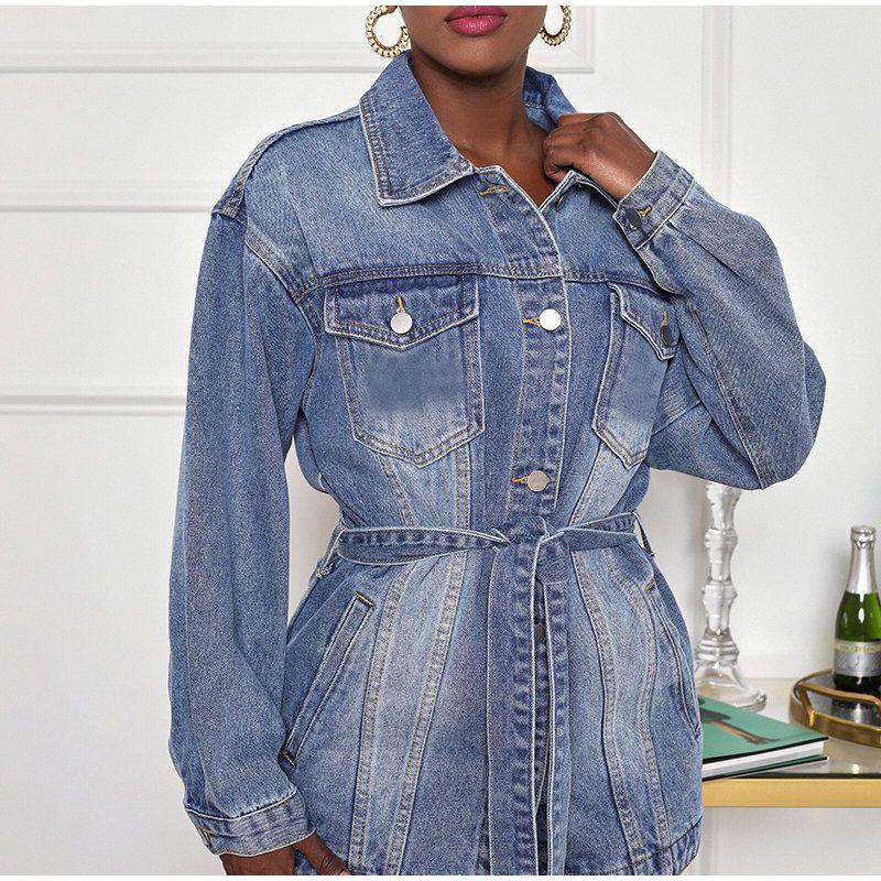 Elegant Lapel Denim Jacket with Belt Women Solid Color Long Sleeve Button Fake Pocket Loose Jacket 2025 Fashion Street Outwear