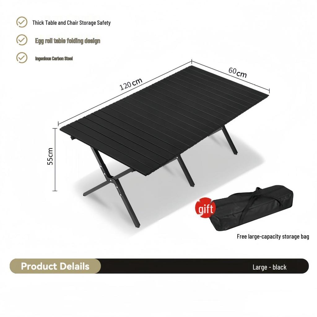 Portable Carbon Steel Roll-Up Camping Table - Foldable BBQ Picnic Dining Table with X-Shaped Legs