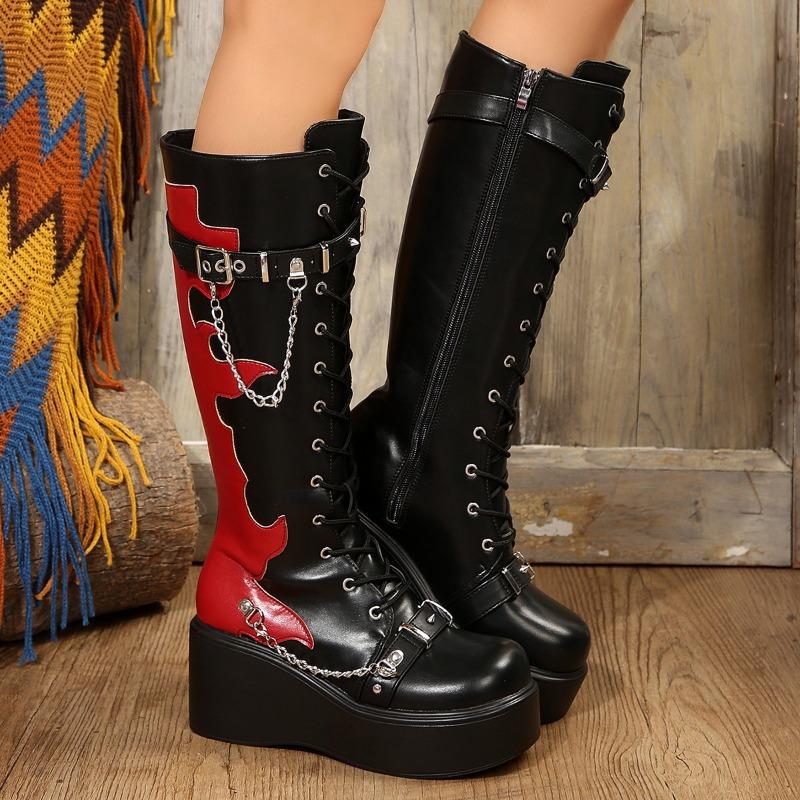 Punk Motorcycle Boots Platform Wedge Red Flame High Heel Cosplay Lolita Booties Belt Buckle Chain Side Zipper Lace Up Woman Shoe