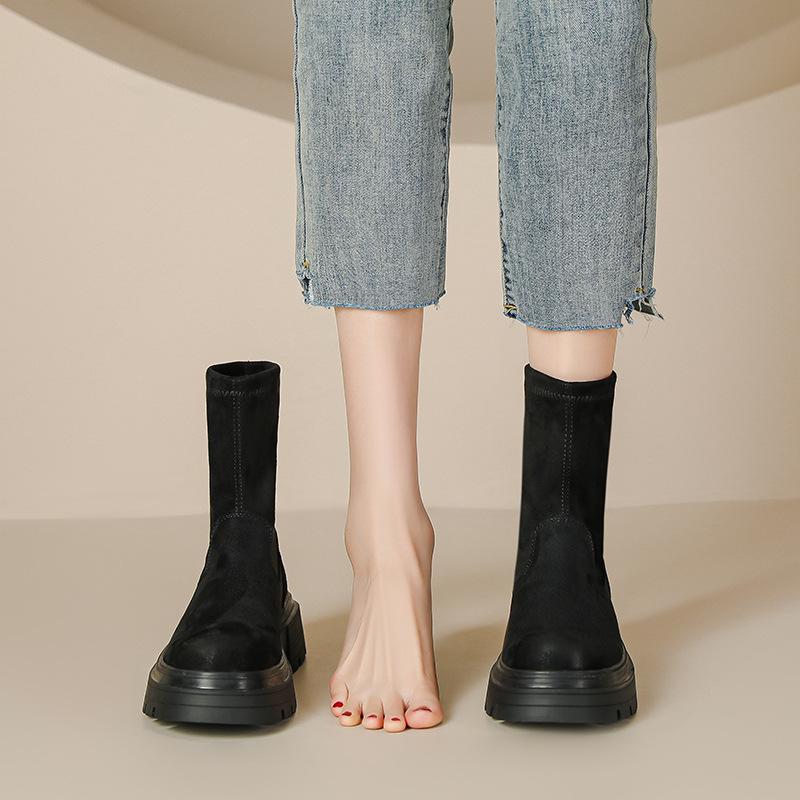 Colored short boots women's autumn and winter new British style retro elastic thin boots thick-soled short boots suede knight boots