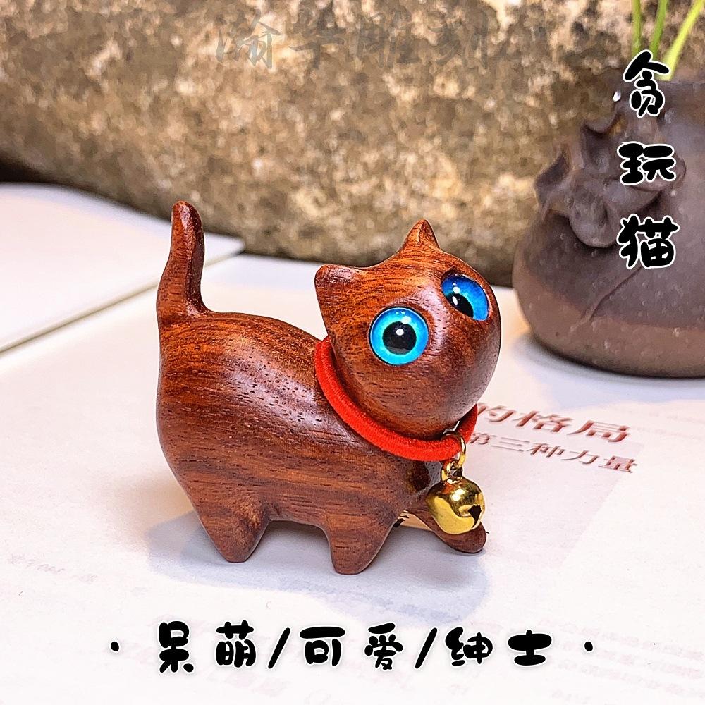 Mini Lovely Wooden Lucky Cat Figurine Desktop Book Nook Ornament Home Decor Kids Event Souvenirs Holiday Gifts New Year's Decor