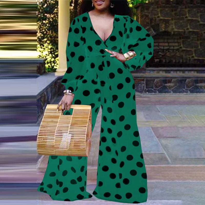 

VONDA Plus Size Women V-Neck Long Sleeve Polka Dot Print Wide Leg Jumpsuits Rompers S зелёный