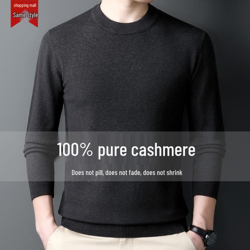 Men's 100% Cashmere Mid-Neck Black Sweater - Thickened Winter Base Layer