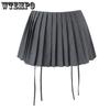 WTEMPO Girl's High Waist Double Drawstring Zipper Short Skirts Women's Solid All-match Pleated A-line Mini Skirts
