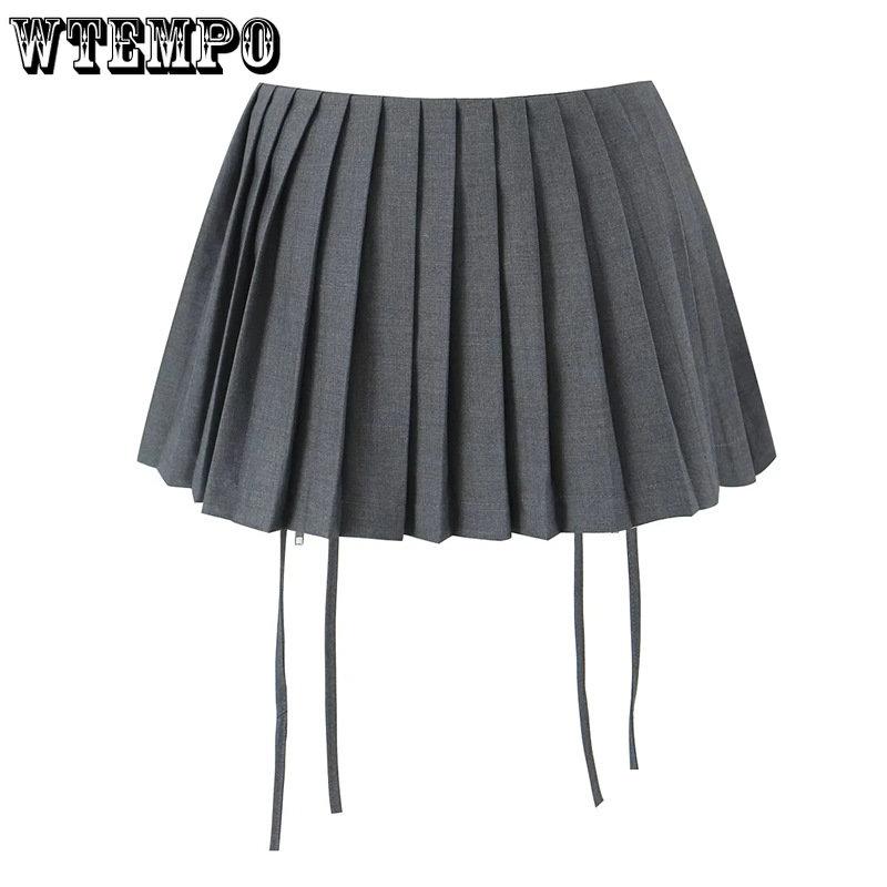 WTEMPO Girl's High Waist Double Drawstring Zipper Short Skirts Women's Solid All-match Pleated A-line Mini Skirts