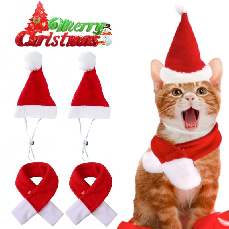 Christmas Hat Scarf Cute Small Dogs Cat Beanie Hat Pet Puppy Adjustable Santaa Hat Xmas Costume Outfit Set for Party Photo Props
