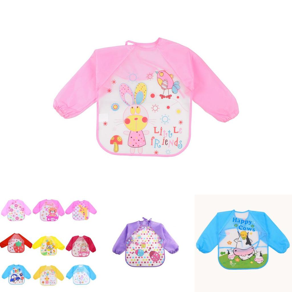 Cute Waterproof Cartoon Baby Feeding Apron With Long Sleeves For Toddler Weaning