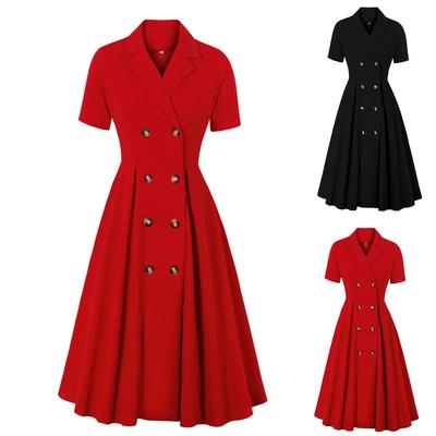 Damen Kurzarm Einfarbiges Vintage Revers Kleid mit Großem Schwingrock