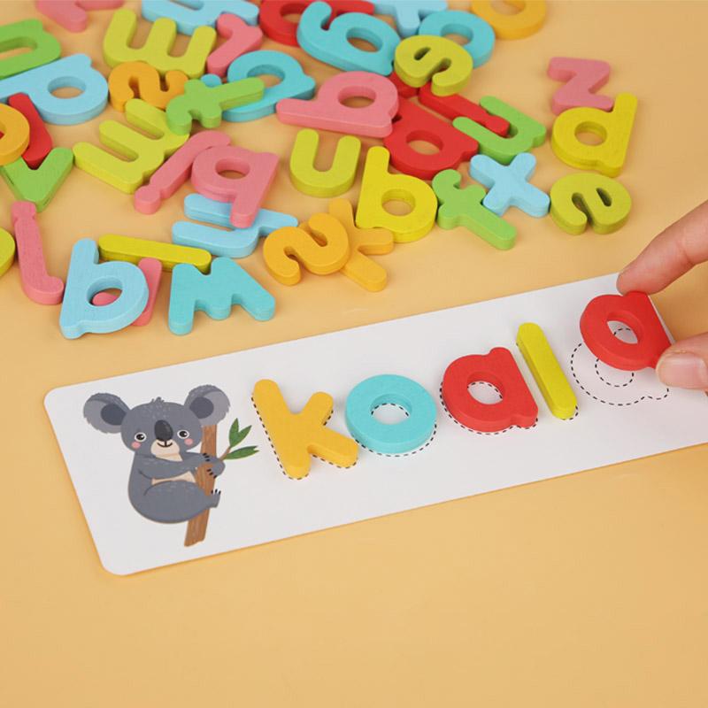 Ungiftiges Holz-Buchstabierspiel für Kinder, Buchstaben-Kognition, Wort-Buchstabieren, Zuordnungs-Karte, Tierbuchstaben, Bildung, Lernen, Lernspielzeug