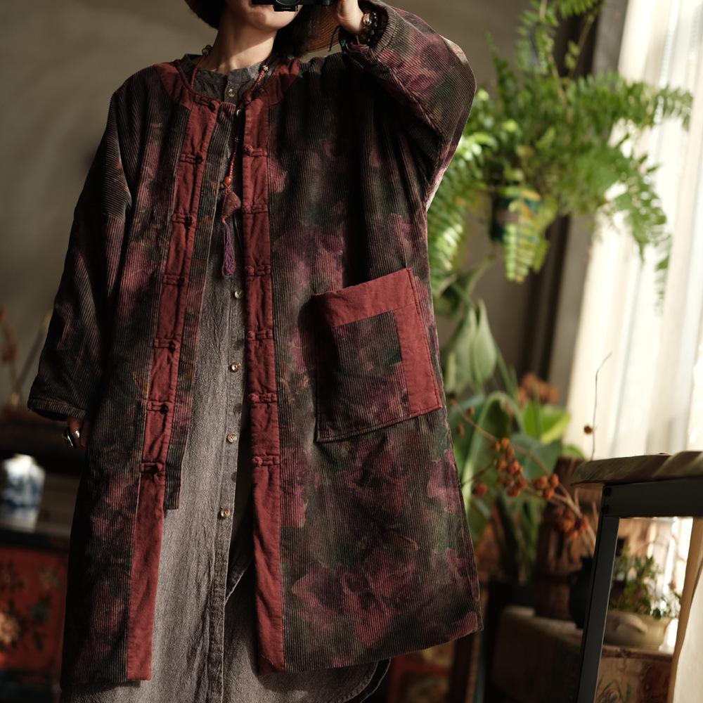 

Johnature Жіночі Вінтажні Червоні Квіткові Вельветові Теплі Пальто на Ґудзиках з Довгим Рукавом та Кишенями Зимові Пальто в Китайському Стилі One Size коричневий