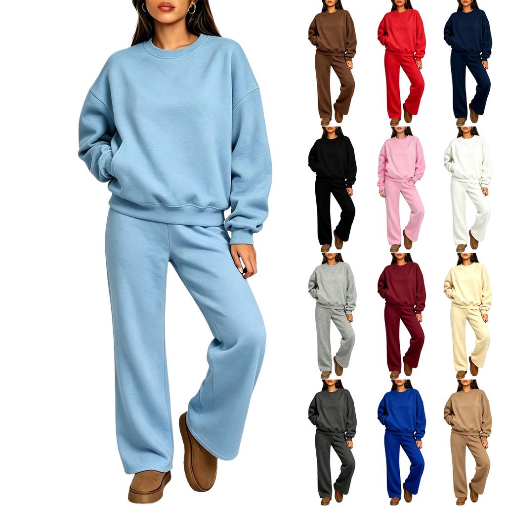 Damen 2-teiliges Set Farbe Hals Langarm Pullover Sweatshirt mit Elastischer Taille Jogginghose