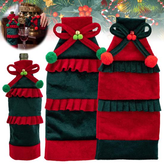 Cute Wine Bottle Costumes Christmas Cover with Bow & Pom Pom, Drawstring Red Gift Wrapping Supplies Green Wrap for Holiday Table Decor, Party