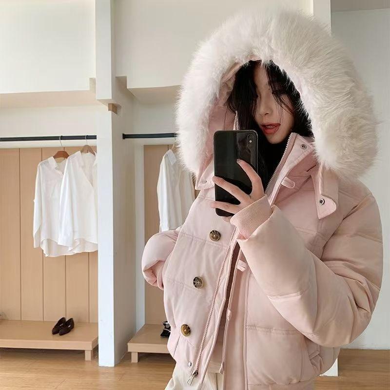 Women Puffy Parkas Winter Warm Casual Preppy Style Cute Cotton Coat Korean Fashion Long Sleeve Faux Fox Hooded Jacket