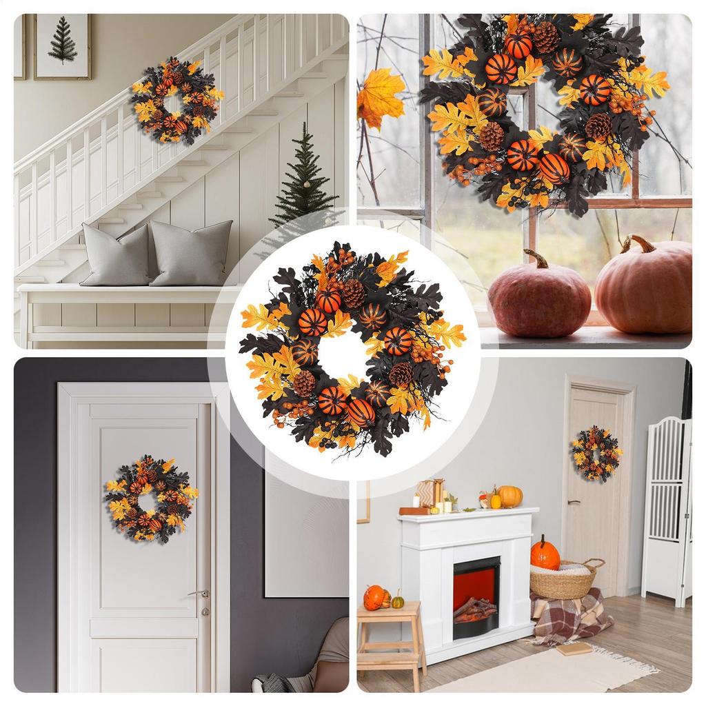 Halloween Pumpkin Wreath Autumn Door Wreath Thanksgiving Handmade Black Maple Leaves Pumpkin Halloween Holiday Decoration
