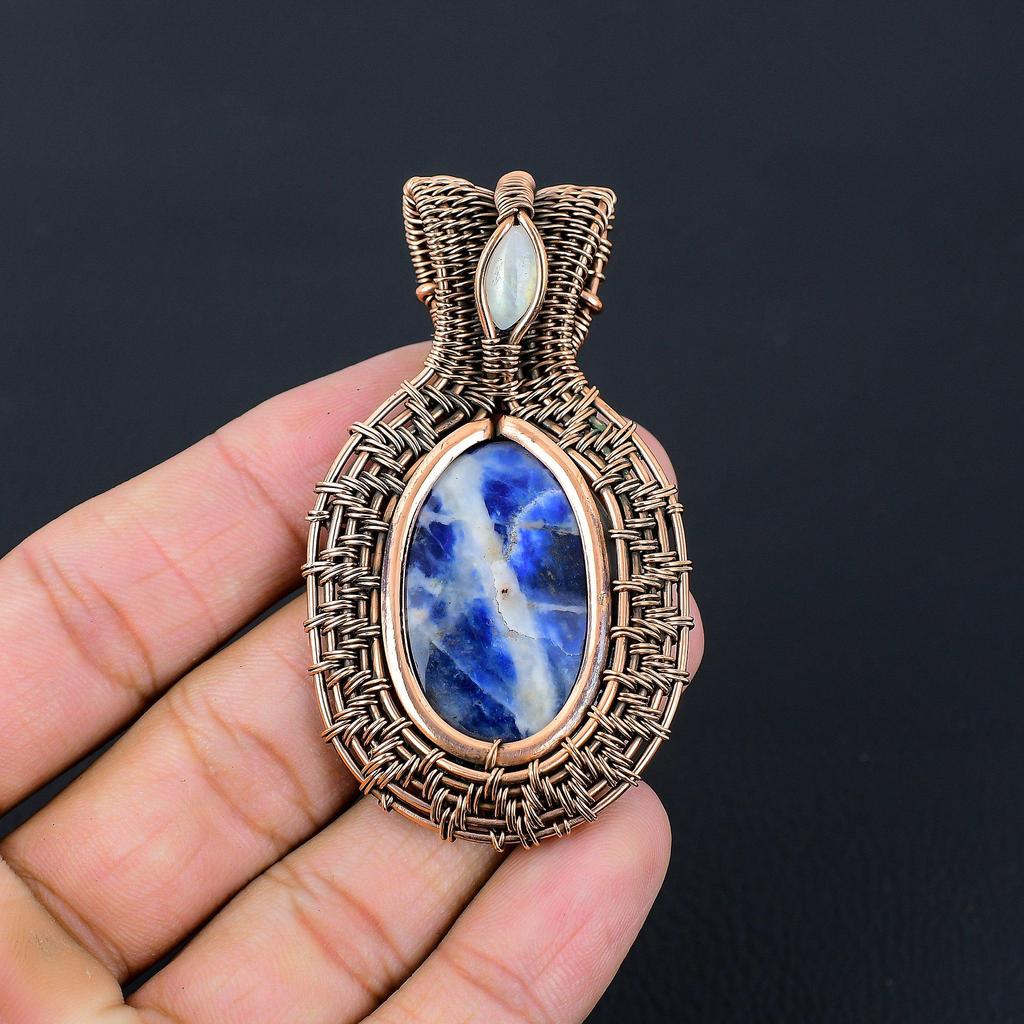 Wonderful Sodalite & Moonstone Gemstone Handmade Pure Copper Wire Wrap Jewelry Pendant