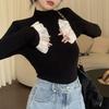 2025 Fall/Winter Black Thermal Ruffle Sleeve Slim Fit Long-Sleeved Top for Women