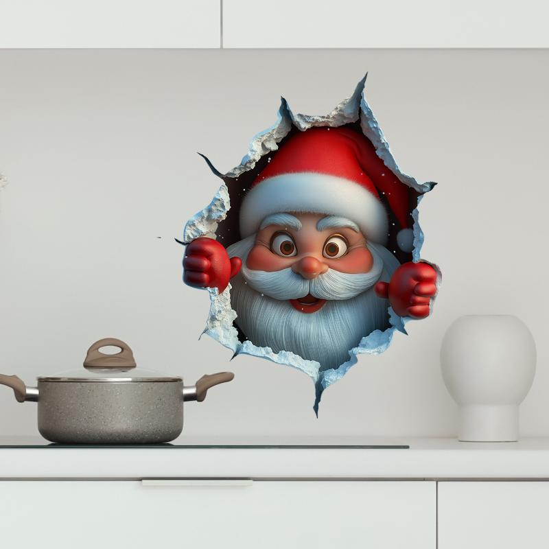 3D Stereo Santa Claus Break-Through Wall Decal Vinyl Christmas Wall Stickers, Removable Holiday Decor For Home And Living Spaces
