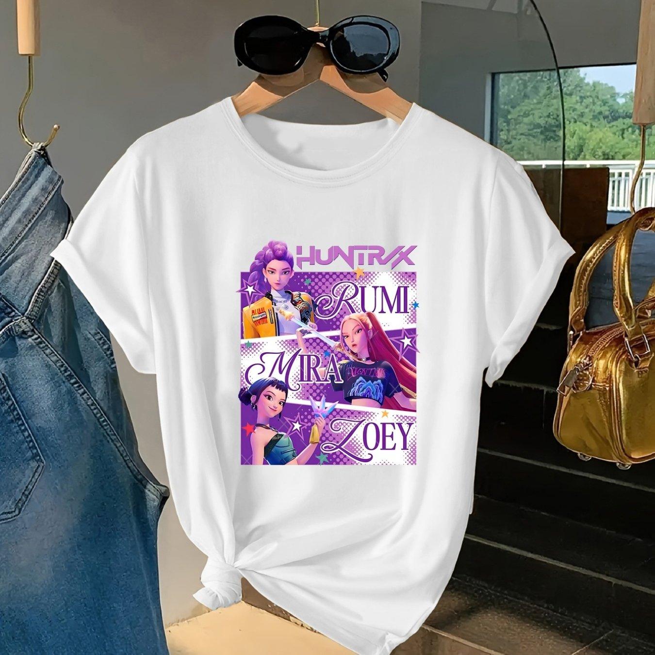 

Huntrix Women s Hunter Anime Print T-shirt White Short Sleeve Crew Neck Casual Top With Mira Zoya Cindy Characters Tee S