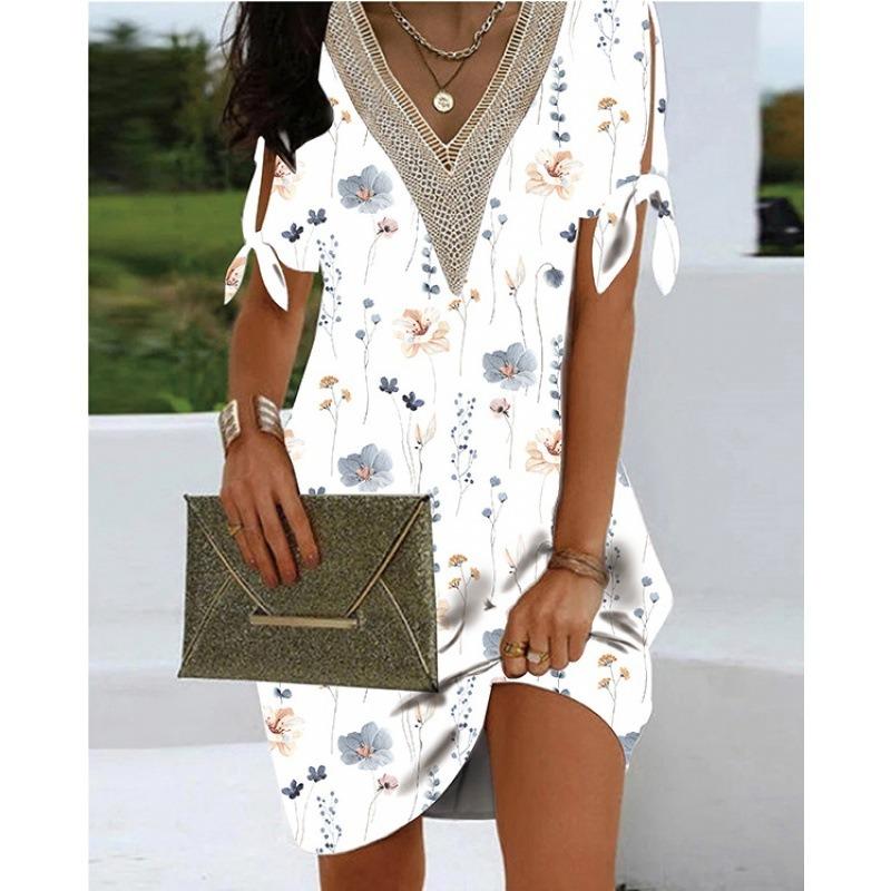 QICED Fashion Summer Spring Short Sleeve V-Neck Casual Dresses S