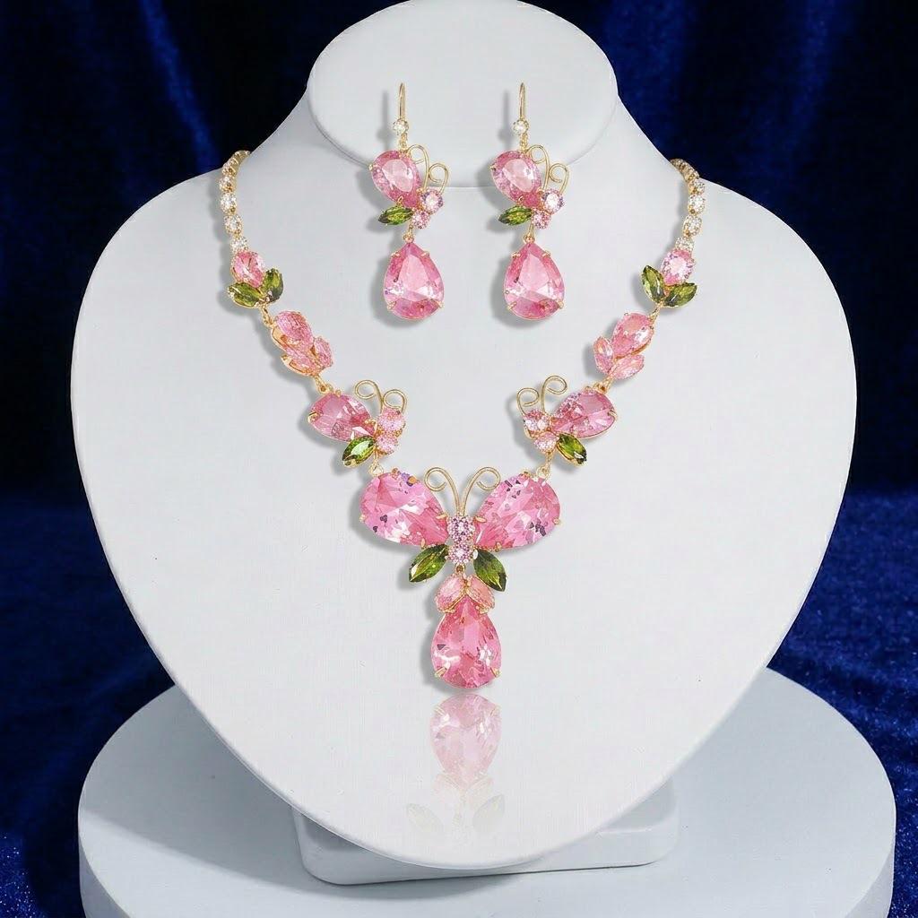 Fashion Trend Pink Butterfly Zircon Jewelry Set: Elegant Earrings & Necklace with Flowing Design