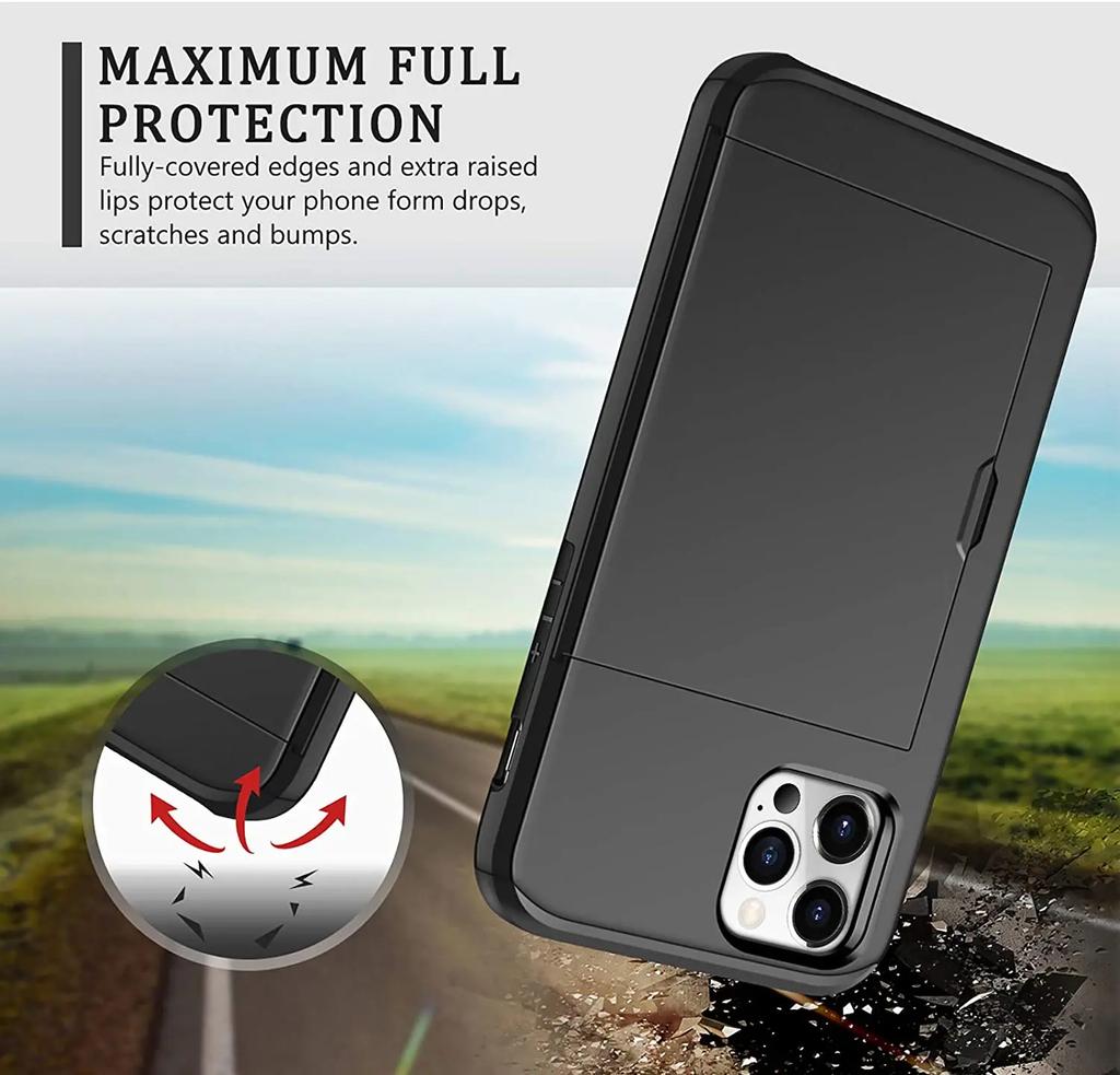 Armor Slide Card Case For iPhone 15 14 13 Pro Max 12 Mini 11 12 Pro Max XS Max XR X Card Slot Holder Cover Wallet Slide Cover