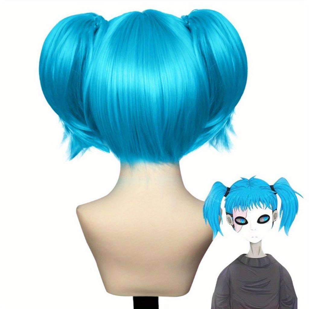 Helle blaue doppelte Pferdeschwanz-Kurzhaar-Synthetikperücke | Spielcharakter Sally Face Cosplay-Perücke